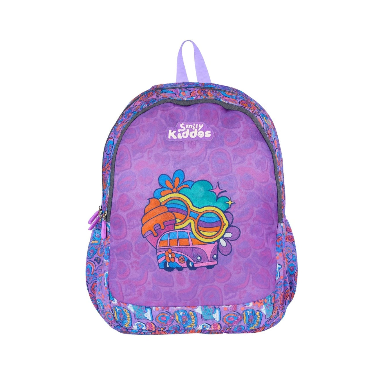 Purple backpack with colorful design and 'Smily Kids' branding on a white background