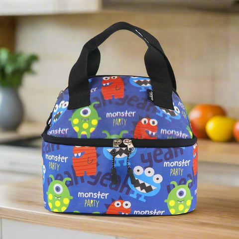 Image of Smily Kiddos Double Decker Lunch Bag  Monster Theme - Blue LxWxH :25.5 X 17 X 20 CM