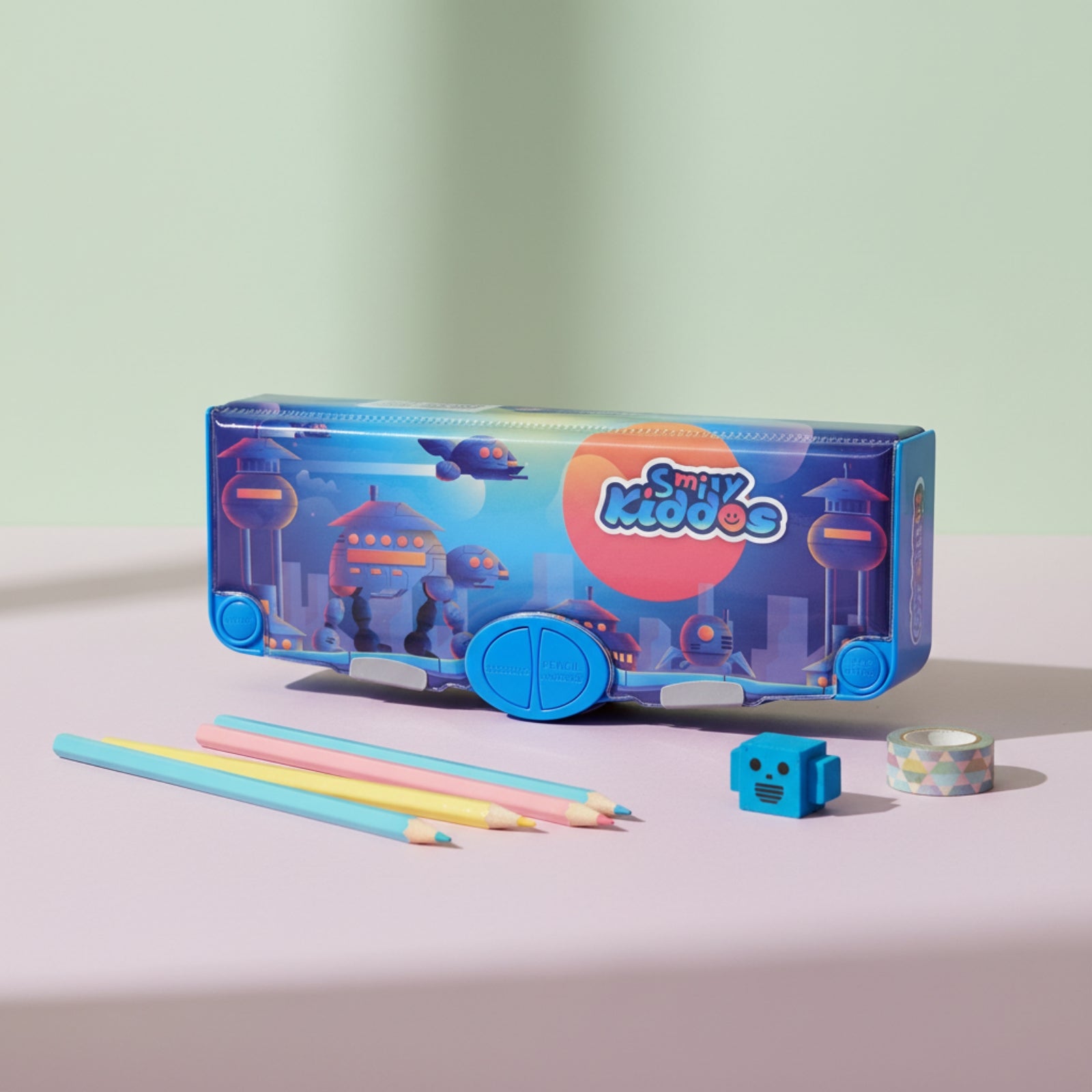 Smily Kiddos Pop-Out Pencil Box for Kids | Robot City Theme Blue