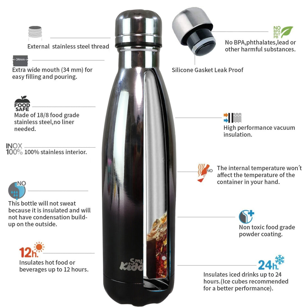Smily Kiddos 500 ML Stainless Steel Holographic Water Bottle - Glossy Silver Black