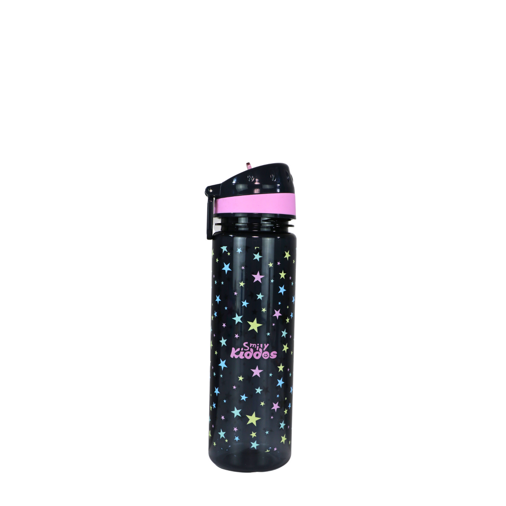 Smily Kiddos Straight Water Bottle With Flip Top Nozzle Happy Star Theme - Black & Pink