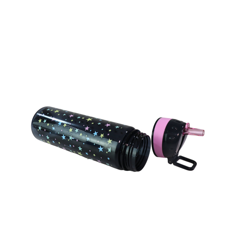 Image of Smily Kiddos Straight Water Bottle With Flip Top Nozzle Happy Star Theme - Black & Pink