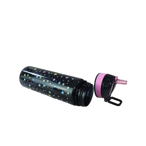 Smily Kiddos Straight Water Bottle With Flip Top Nozzle Happy Star Theme - Black & Pink