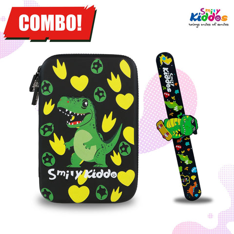 Image of Smily Kiddos Dino Theme - Single Compartment EVA Pencil Case with Dino Slap band - Black
