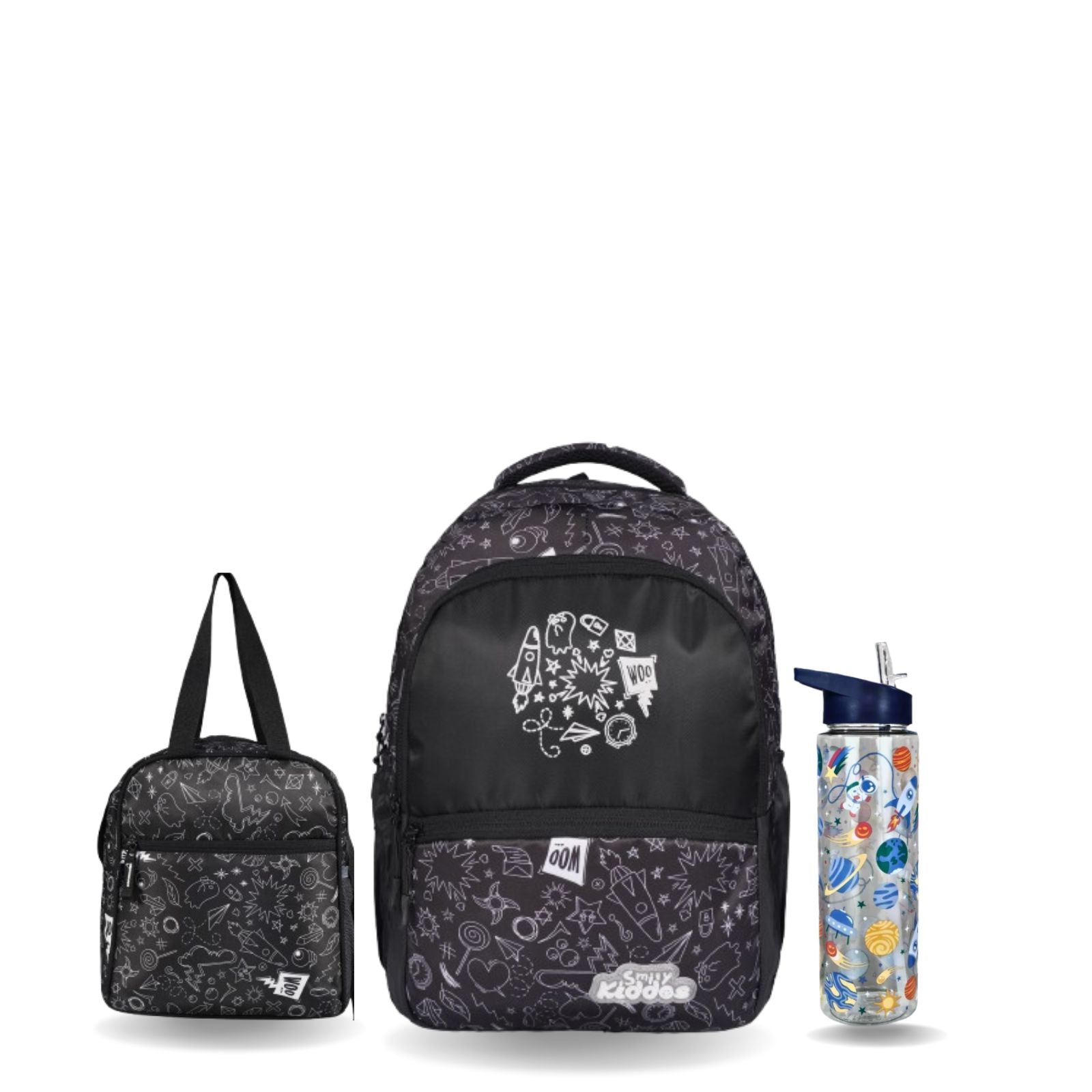 Smily Kiddos 3-in-1 School Combo – Sonic Lunch Bag, Coco Backpack & 750ml Space Sipper (Black Theme)