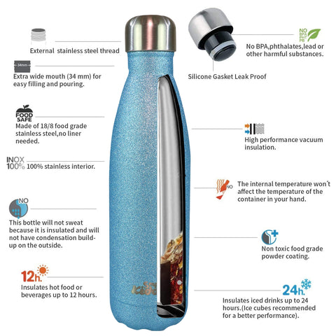 Image of Smily Kiddos 500 ML Stainless Steel Water Bottle  - Glitter Light Blue