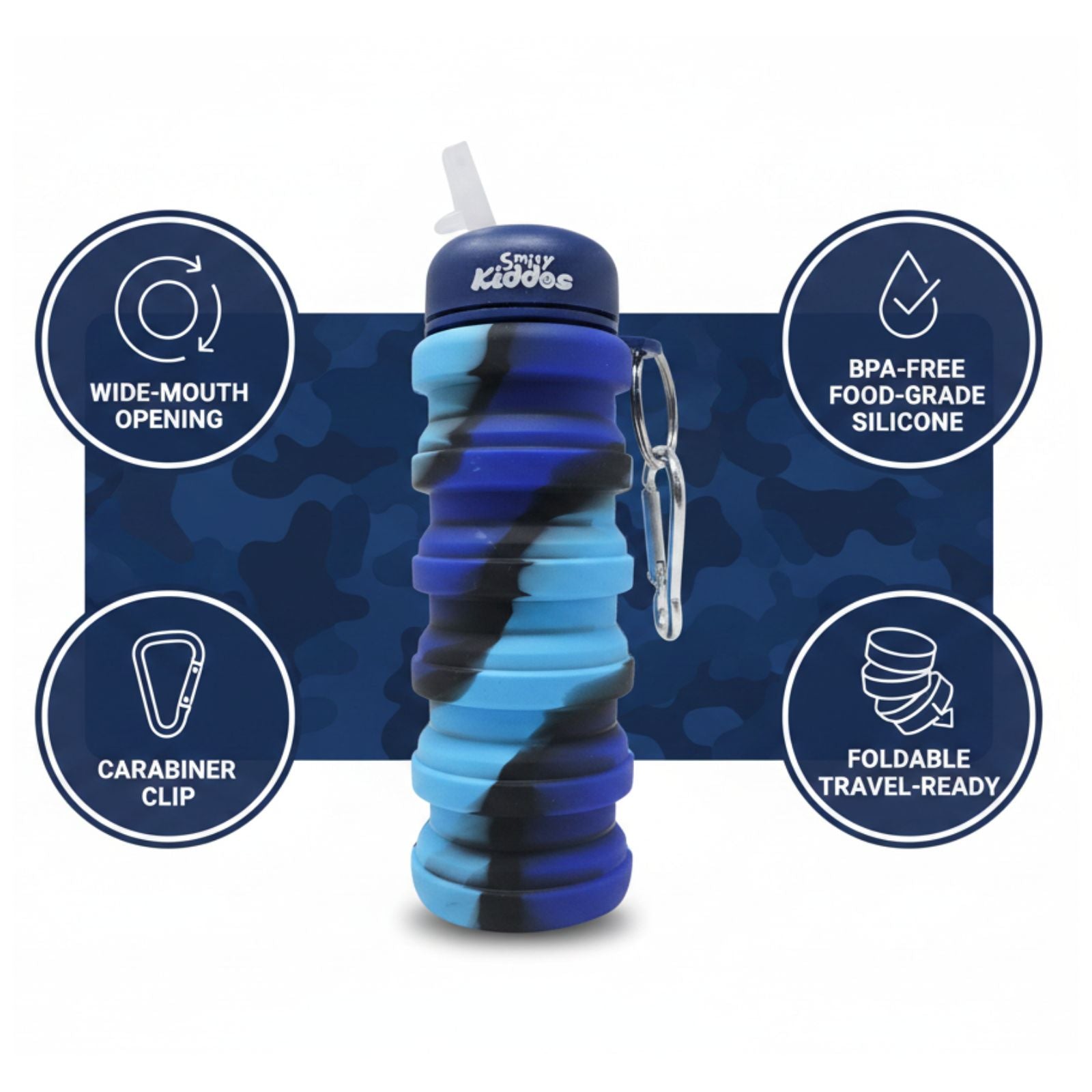 Smily Kiddos Collapsible Silicone Water Bottle – Camouflage Blue 550 mL