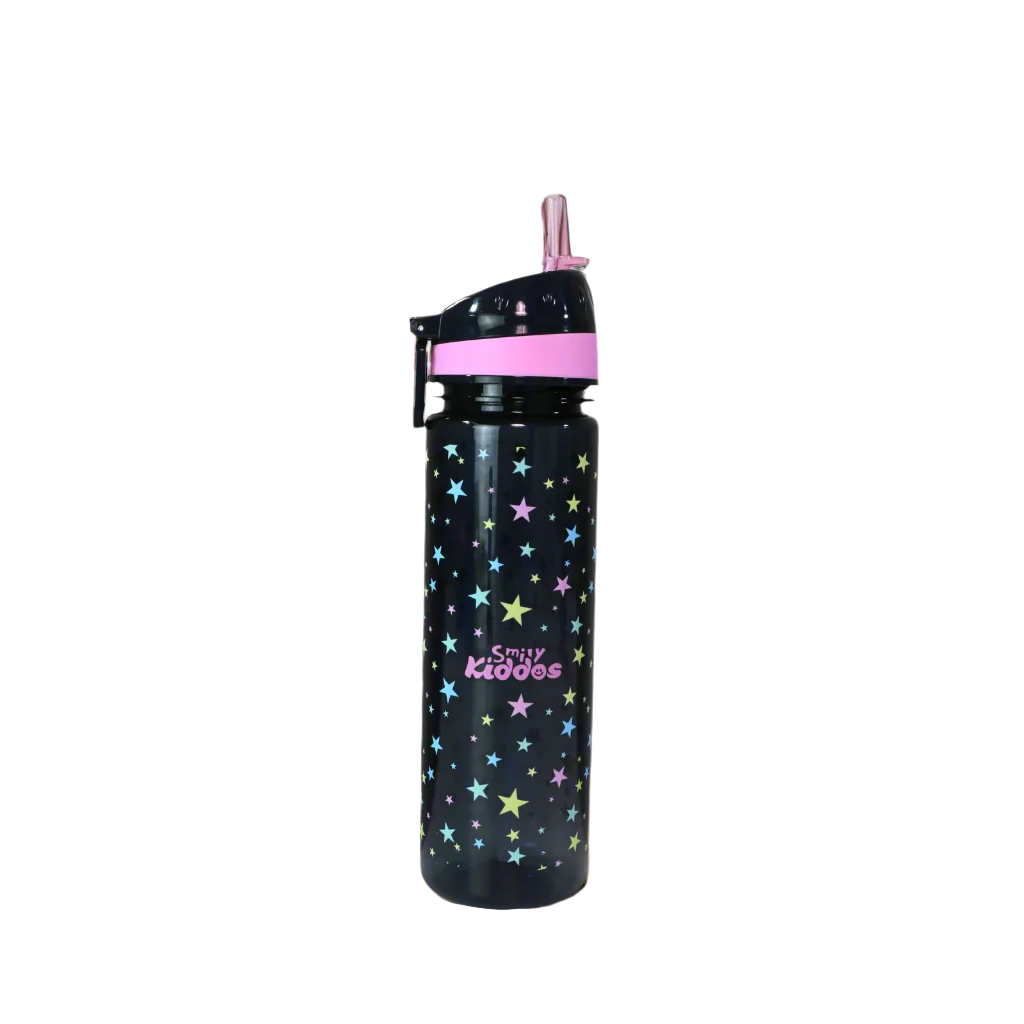 Smily Kiddos water bottle 500 ml with Flip Top Nozzle - Happy Star Theme in Black & Pink
