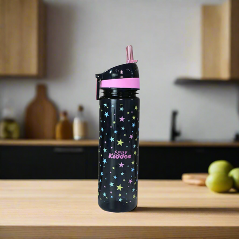 Image of Smily Kiddos Straight Water Bottle With Flip Top Nozzle Happy Star Theme - Black & Pink