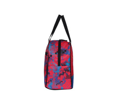 Multicolored bag with a black strap on a white background