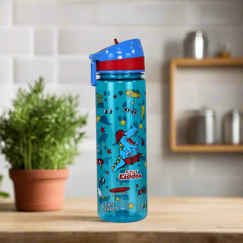 Image of Smily Kiddos Straight Water Bottle With Flip Top Nozzle Dinosaur Theme - Blue & Red