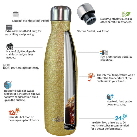 Smily Kiddos 500 ML Stainless Steel Water Bottle  - Glitter Gold