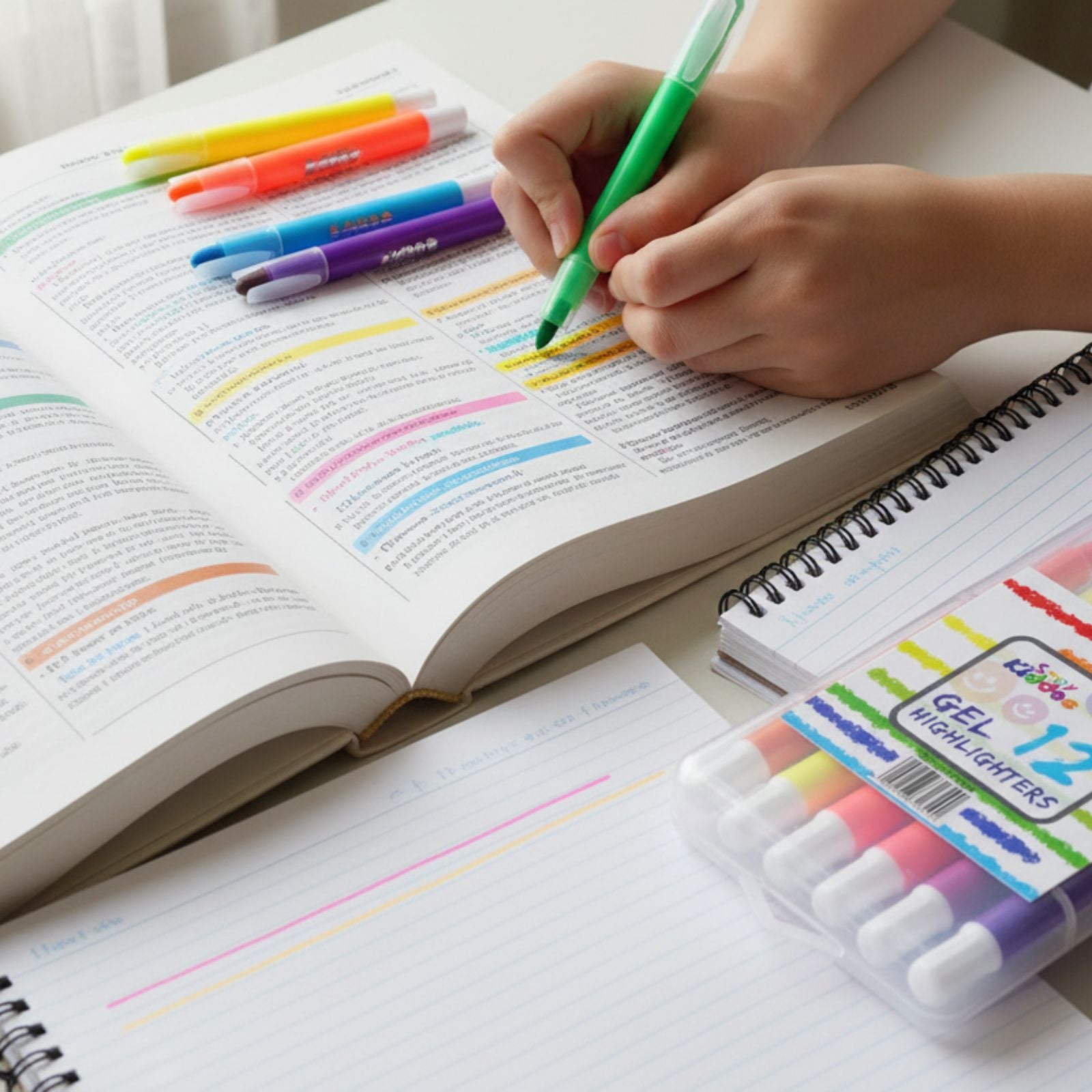 Smily Kiddos Gel Highlighters – 12 Vibrant Colors | Non-Bleed Study Set for Kids