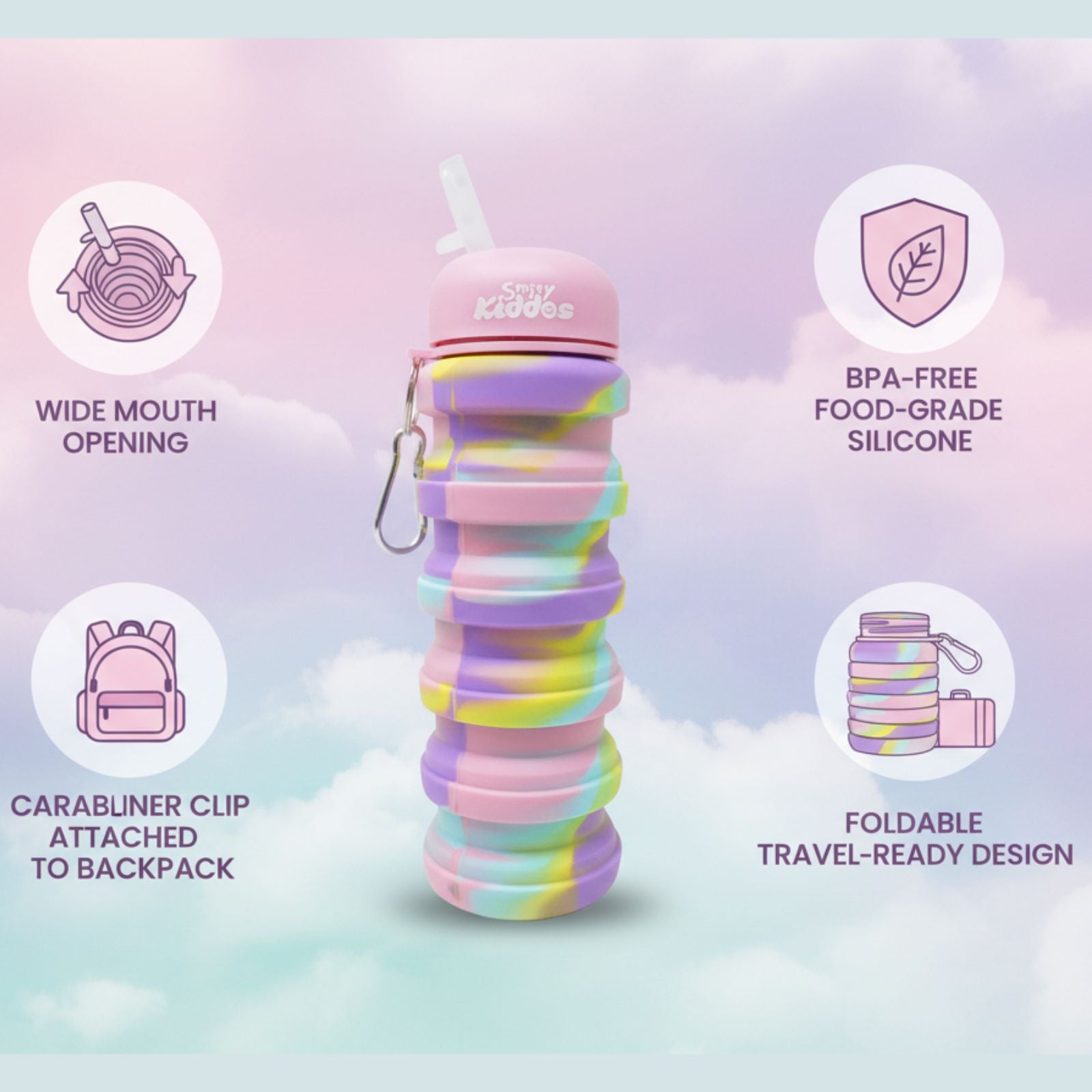 Smily Kiddos Collapsible Silicone Water Bottle – Camouflage Pink 550 mL