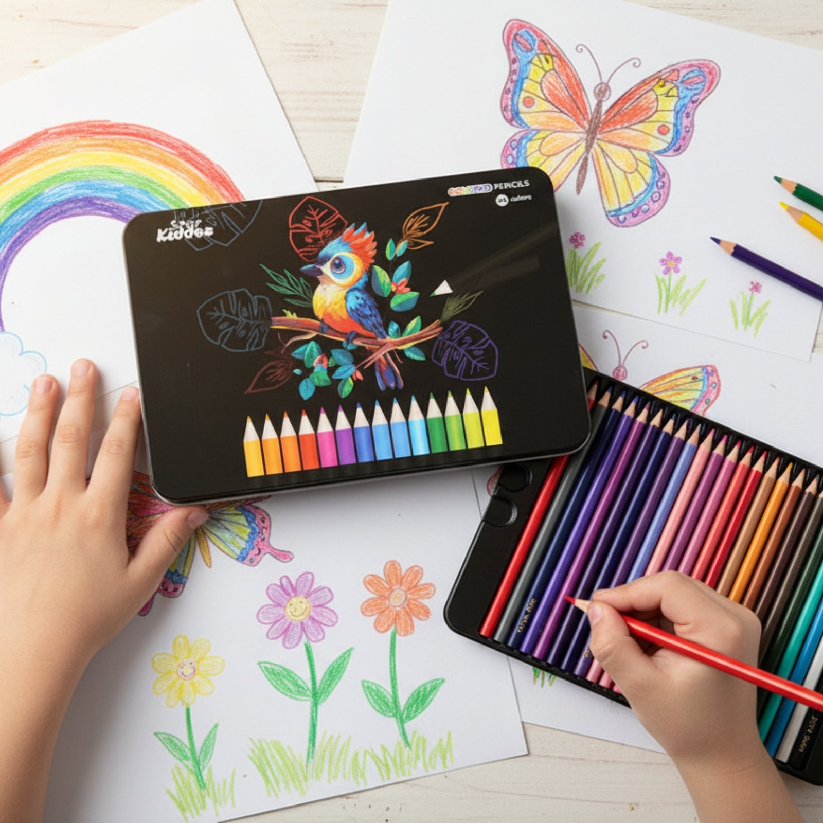 Smily Kiddos 48 Color Pencils Set in Tin Box - Premium Art Supplies for Kids