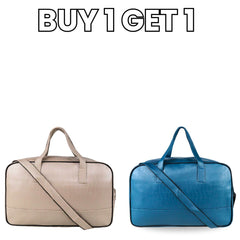 Mike Duffle Combo – Premium PU Leather 32L Fizz Duffle Bag – Cream & Indigo