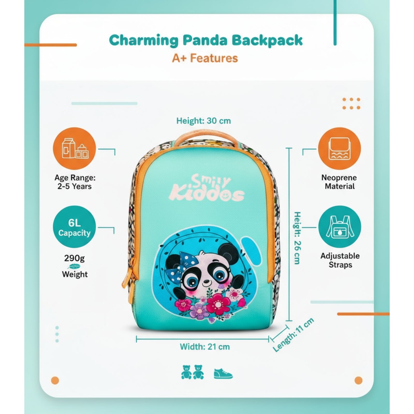 Charming Panda Preschool Backpack 6L - Light Blue Kids School Bag