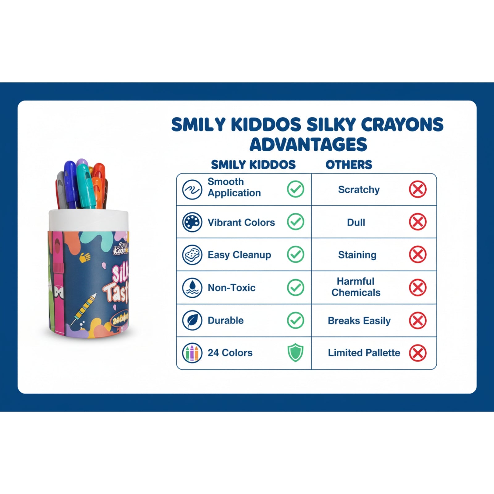 Smily Kiddos Silky Crayons – 24 Vibrant Colors | Premium Art Set for Kids