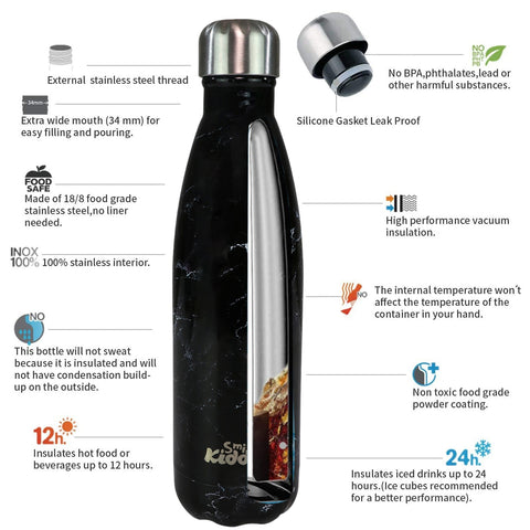 Image of Smily Kiddos 500 ML Stainless Steel Water Bottle -  Marble Print Black