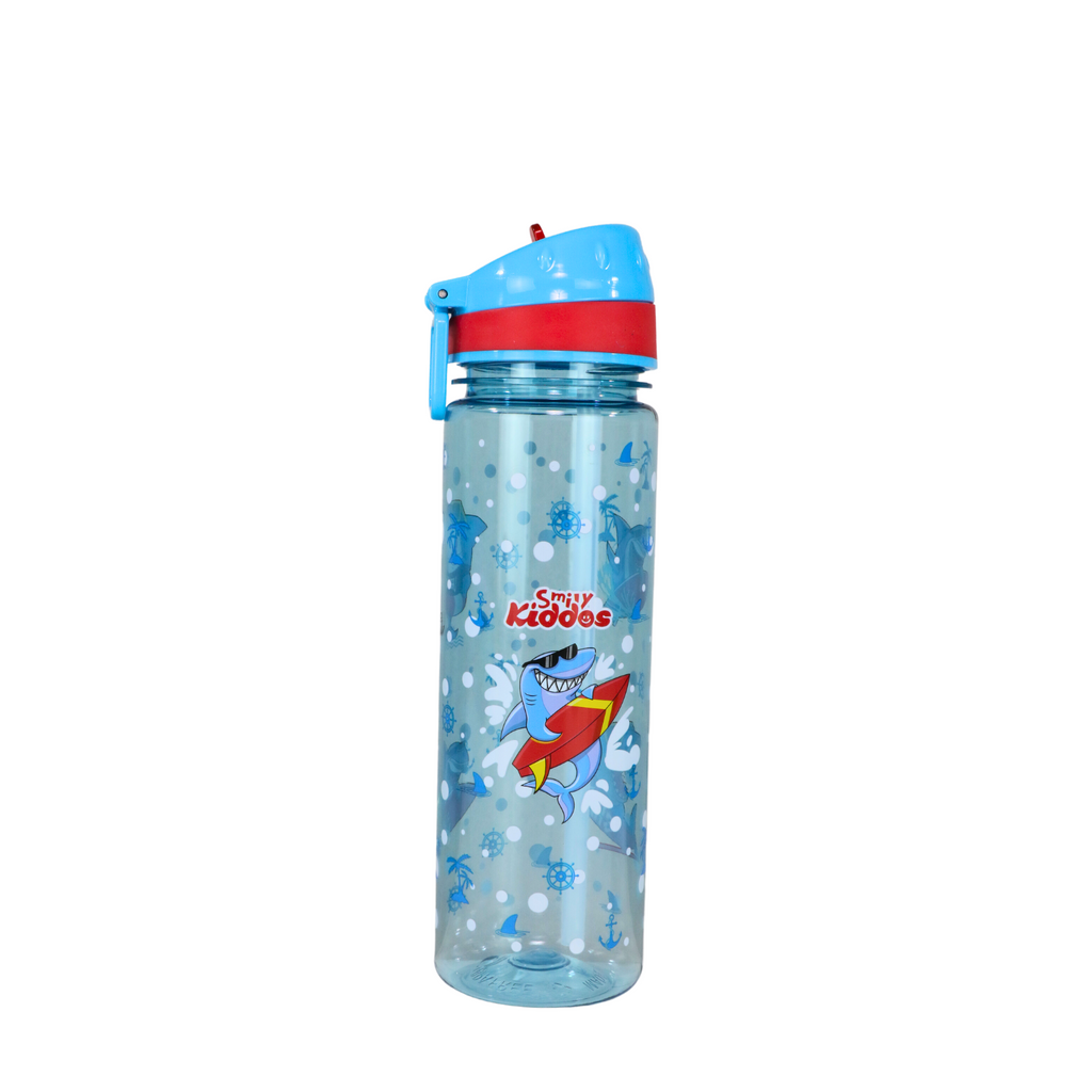 Smily Kiddos Straight Water Bottle With Flip Top Nozzle Shark Theme - Blue & Red