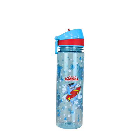 Image of Smily Kiddos Straight Water Bottle With Flip Top Nozzle Shark Theme - Blue & Red