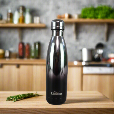 Image of Smily Kiddos 500 ML Stainless Steel Holographic Water Bottle - Glossy Silver Black
