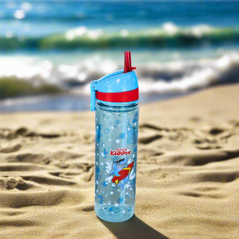 Image of Smily Kiddos Straight Water Bottle With Flip Top Nozzle Shark Theme - Blue & Red