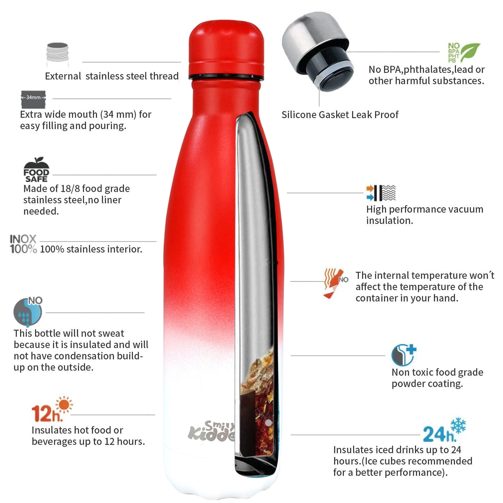 Steel Water Bottle  - Matte Red White feature 2