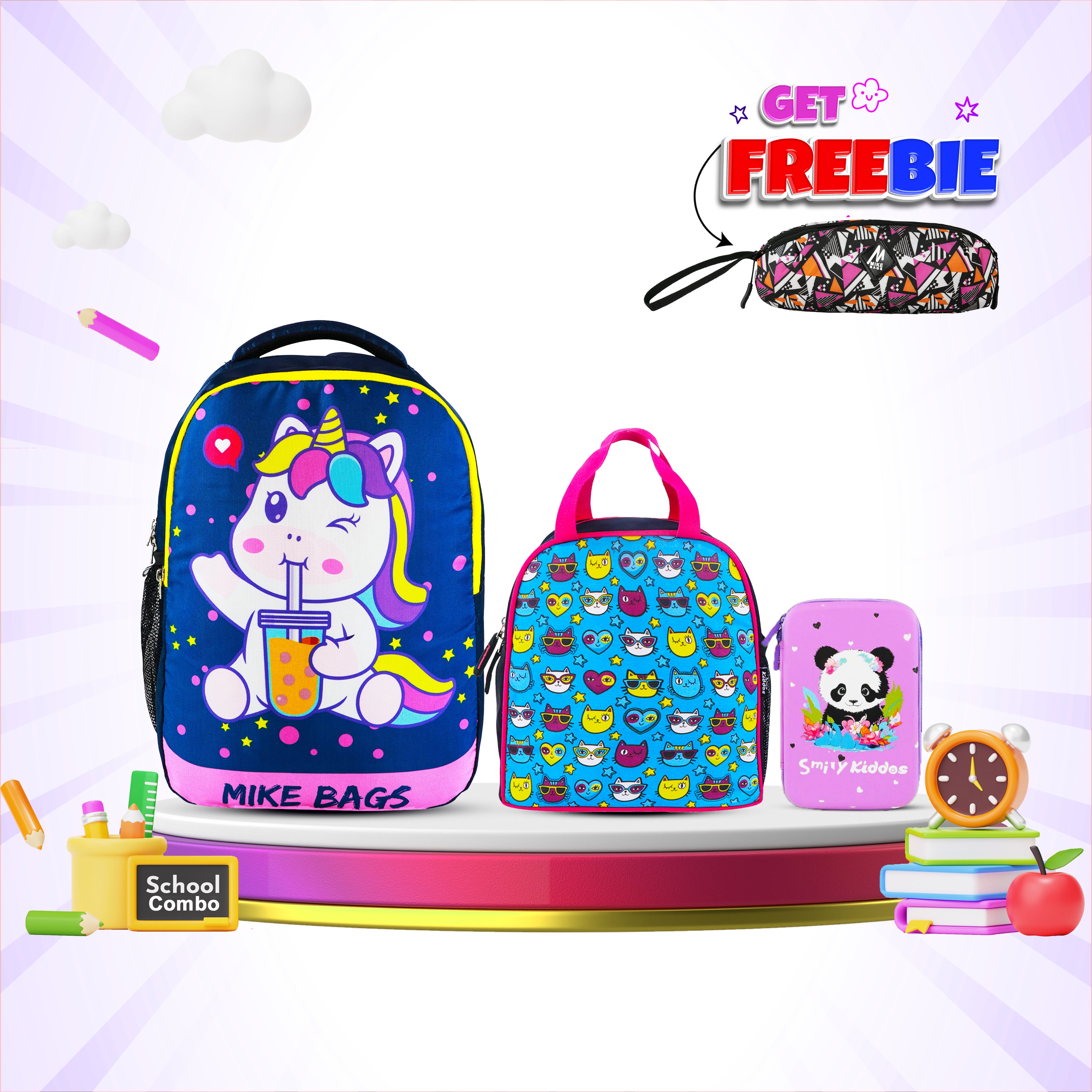 Smily Kiddos 3-in-1 School Combo Set – Rainbow Theme | Backpack, Lunch Bag & Hardtop Pencil Case | Box Packed (1 Set)