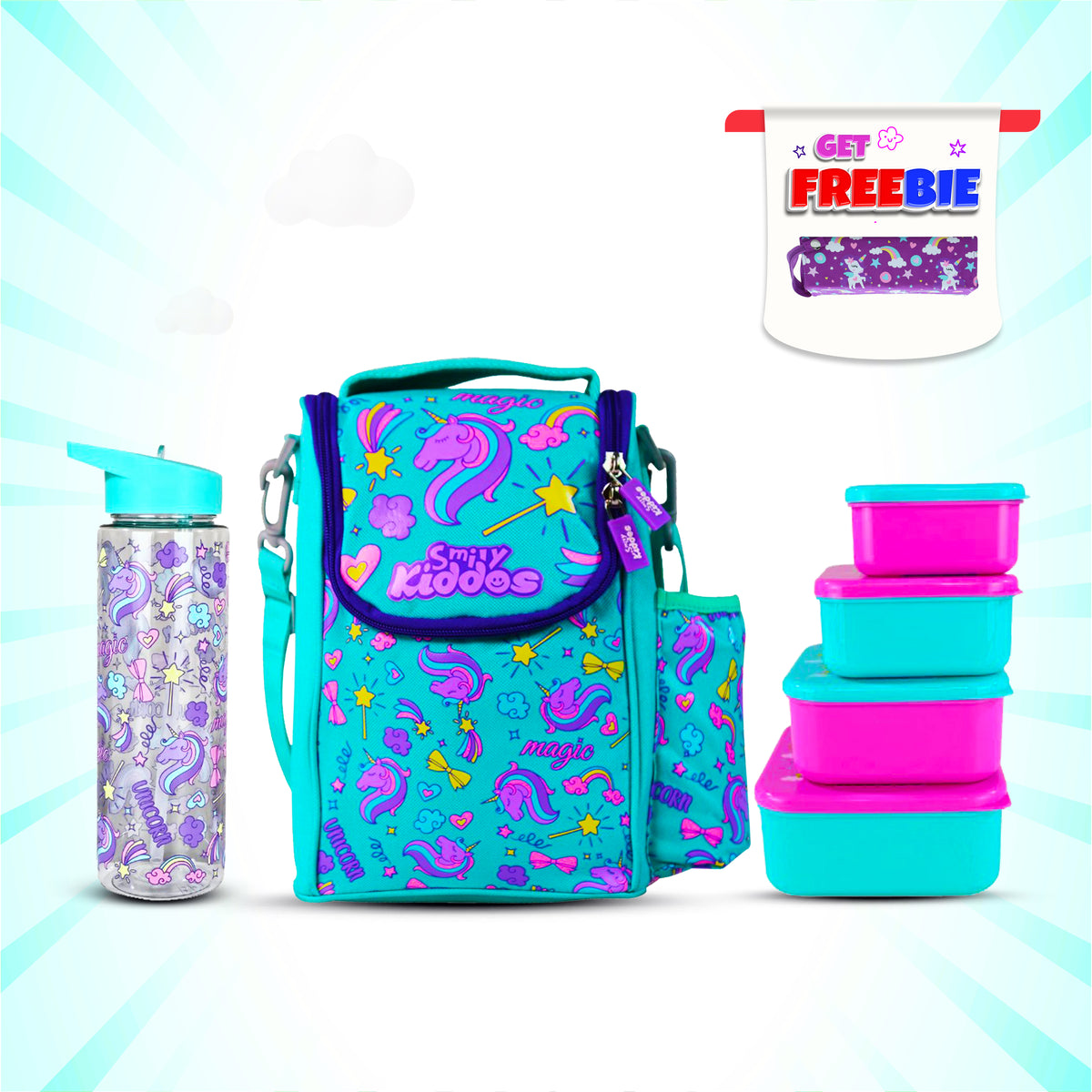 Unicorn Theme Lunch Combo 3-in-1 Pack | Insulated Lunch Bag, BPA-Free Lunch Box & Leakproof Water Bottle - Green