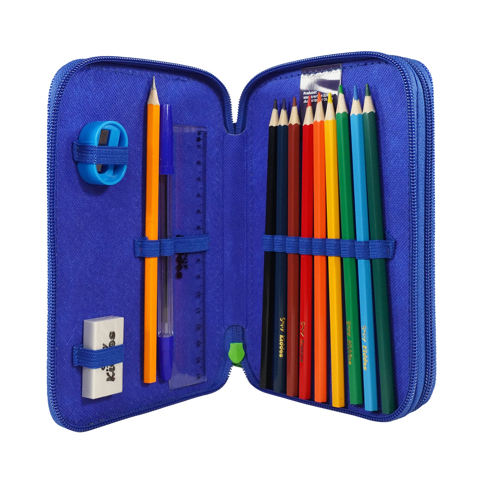 Blue pencil case with colorful pencils, a ruler, and sharpener on a white background