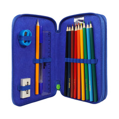Blue pencil case with colorful pencils, a ruler, and sharpener on a white background