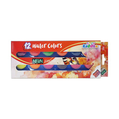 Nesin Water Colors 12-piece watercolor paint set in its original retail packaging, featuring a vibrant watercolor design on the box.