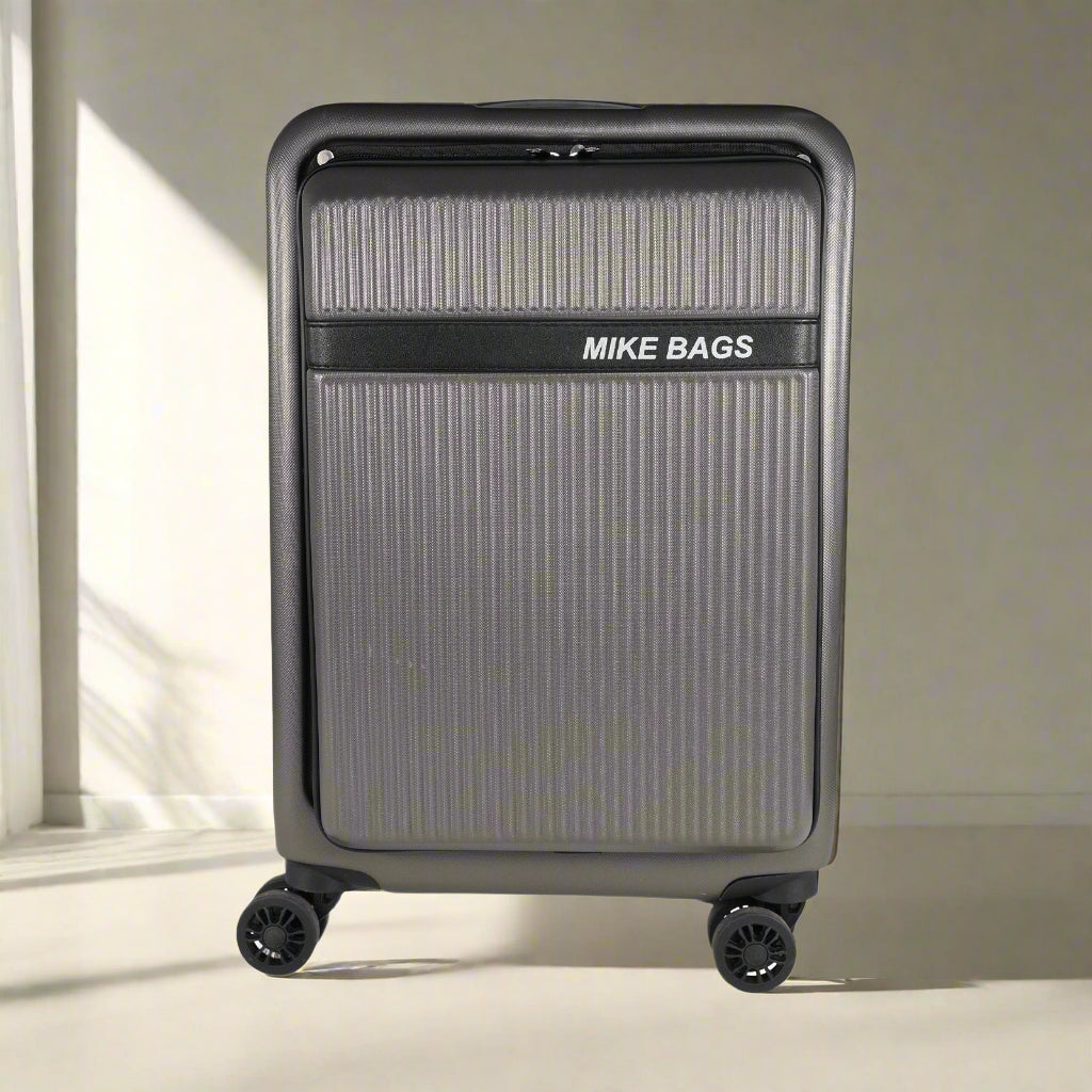Gray suitcase with 'MIKE BAGS' branding on a white background