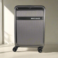 Gray suitcase with 'MIKE BAGS' branding on a white background