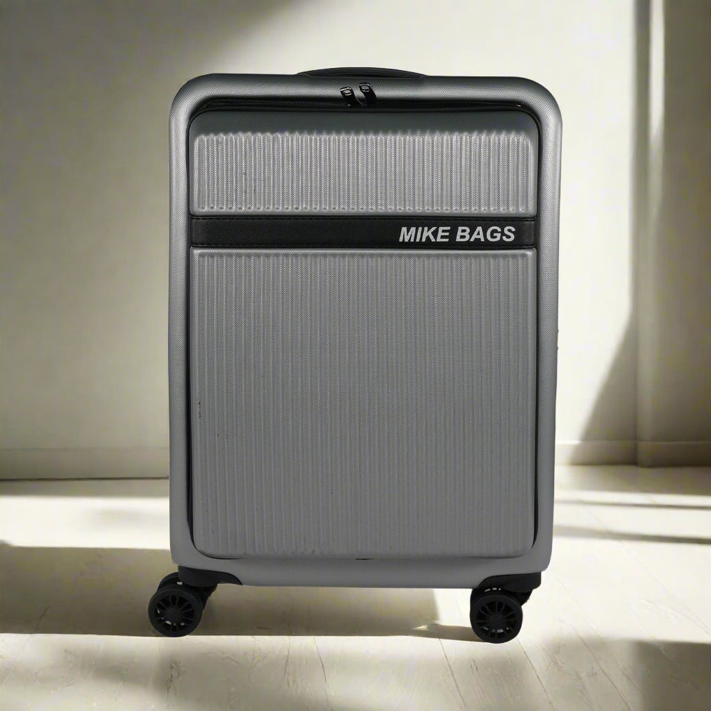 Gray suitcase with 'MIKE BAGS' branding on a white background