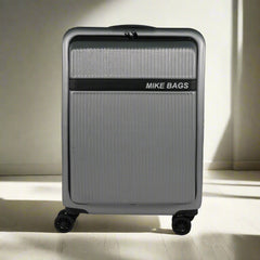 Gray suitcase with 'MIKE BAGS' branding on a white background