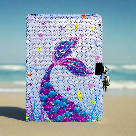 Image of Smily Kiddos Sequin Mermaid Notebook - Light Blue Lockable Diary with Lock Key