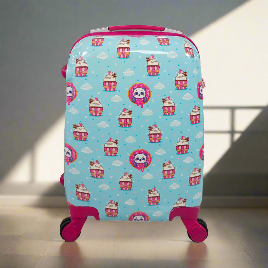 Children's suitcase with cupcake pattern on a light blue background