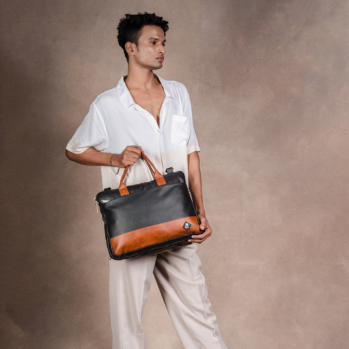 PU Leather Laptop & Messenger Shoulder Bag – Black & Tan
