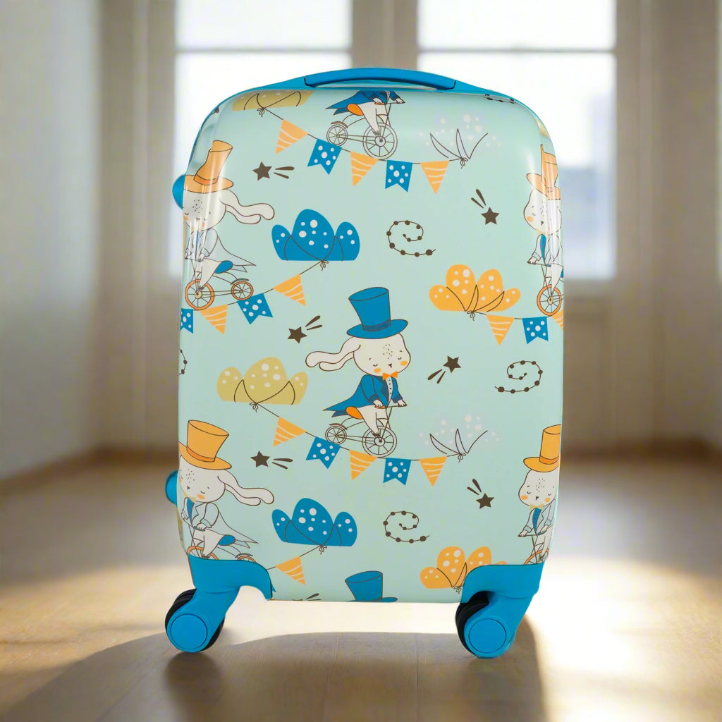 Children's suitcase with rabbit design on a light blue background