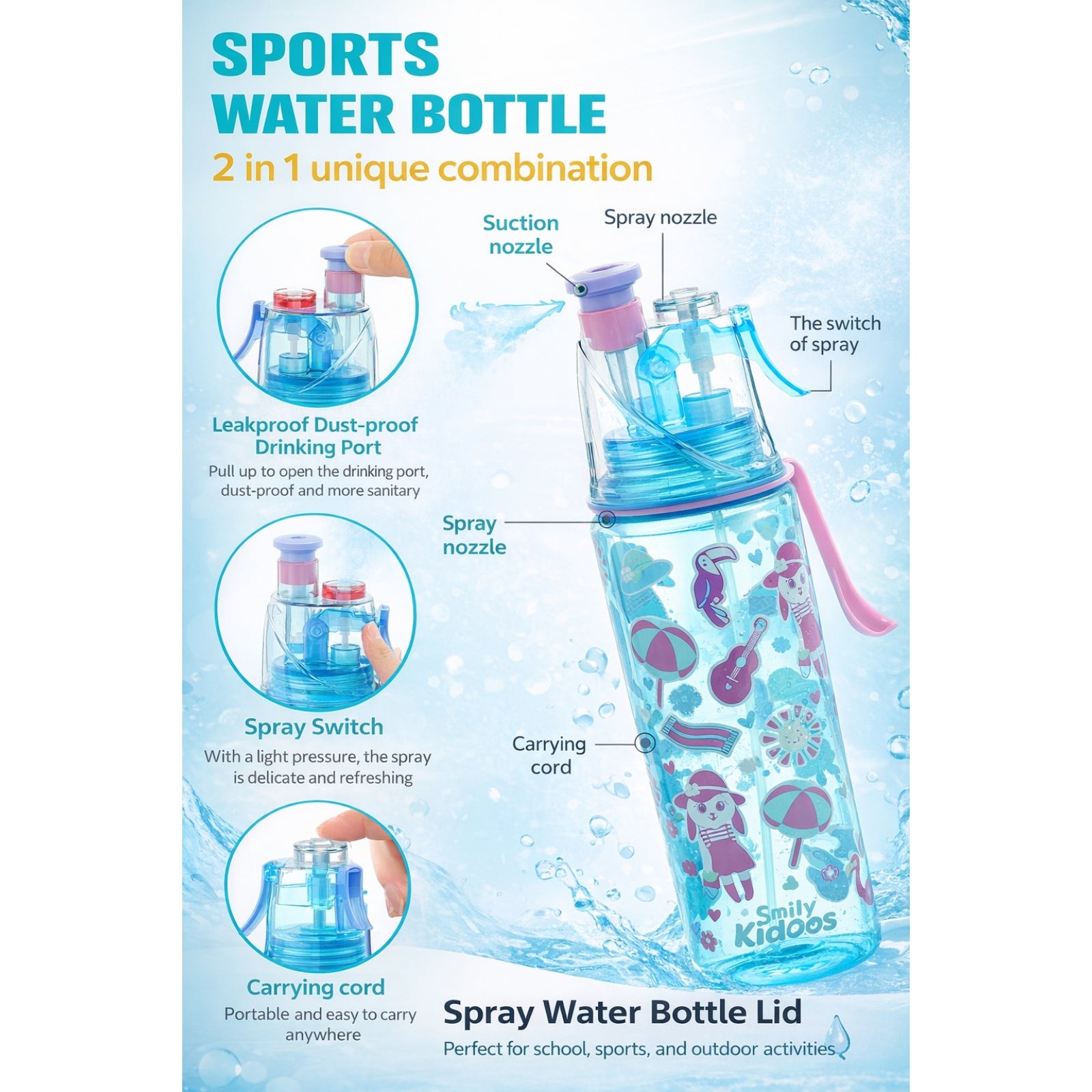 Smily Kiddos Sports Water Bottle – 550ml BPA-Free Tritan Bottle with Pop-Up Straw & Spray Nozzle