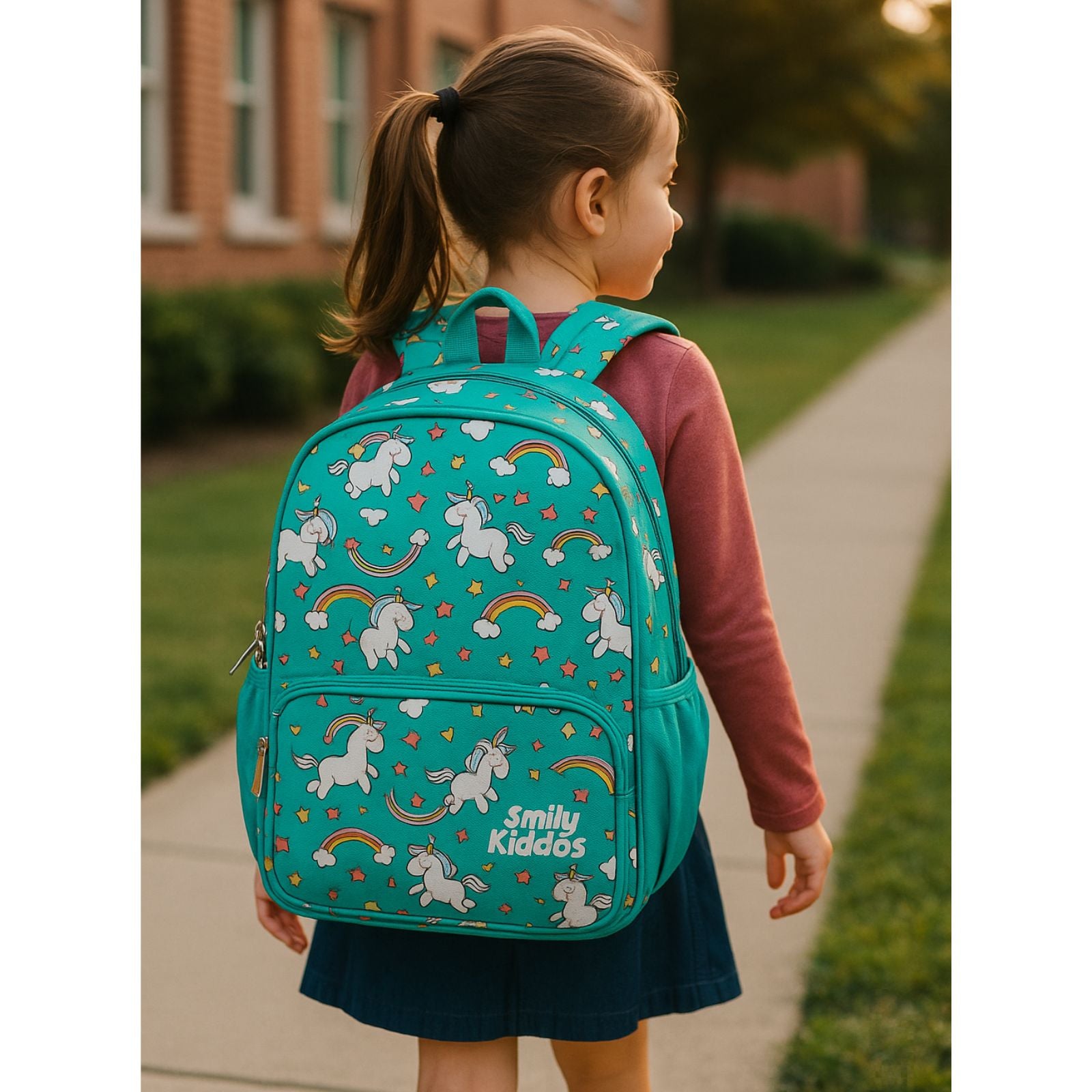 Smily Kiddos Bouncy Backpack – Sea Green | Cute Unicorn & Rainbow Print | Kids' School Bag