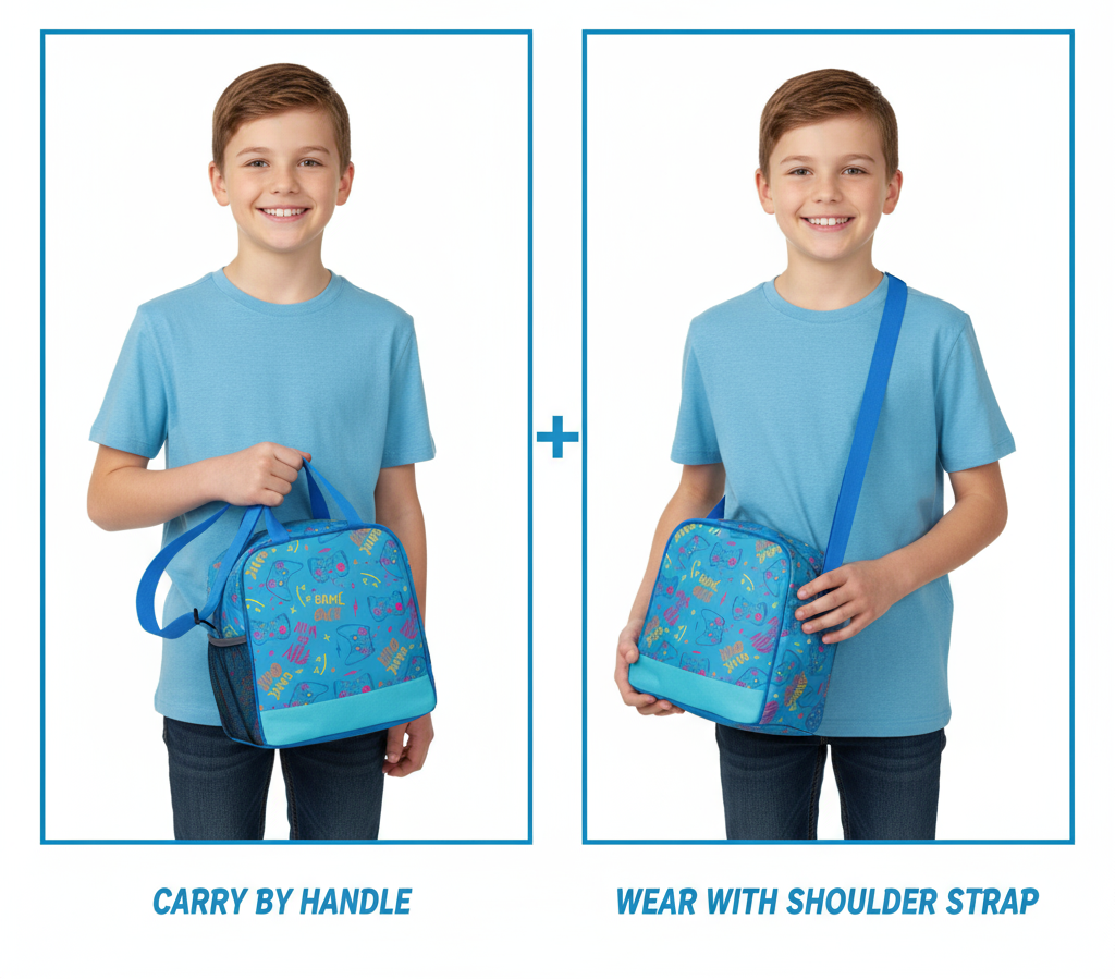 Child holding a blue bag with handle and shoulder strap, emphasizing portability and versatility.