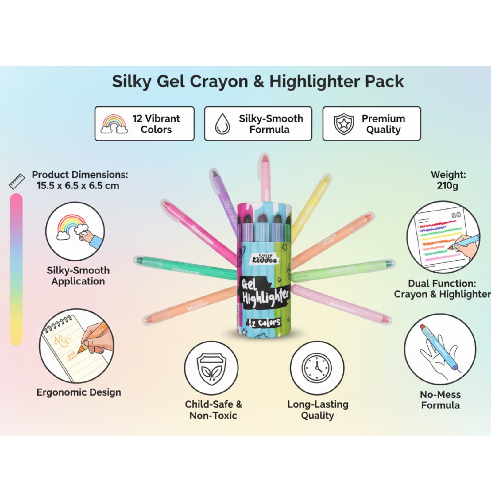 Smily Kiddos Silky Gel Crayon Pack – 12 Colors