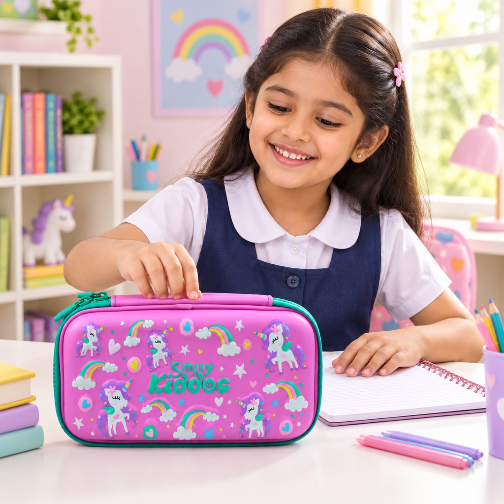 School-age child using a pink Smily Kiddos unicorn hardtop pencil case at a study desk