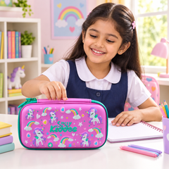 School-age child using a pink Smily Kiddos unicorn hardtop pencil case at a study desk