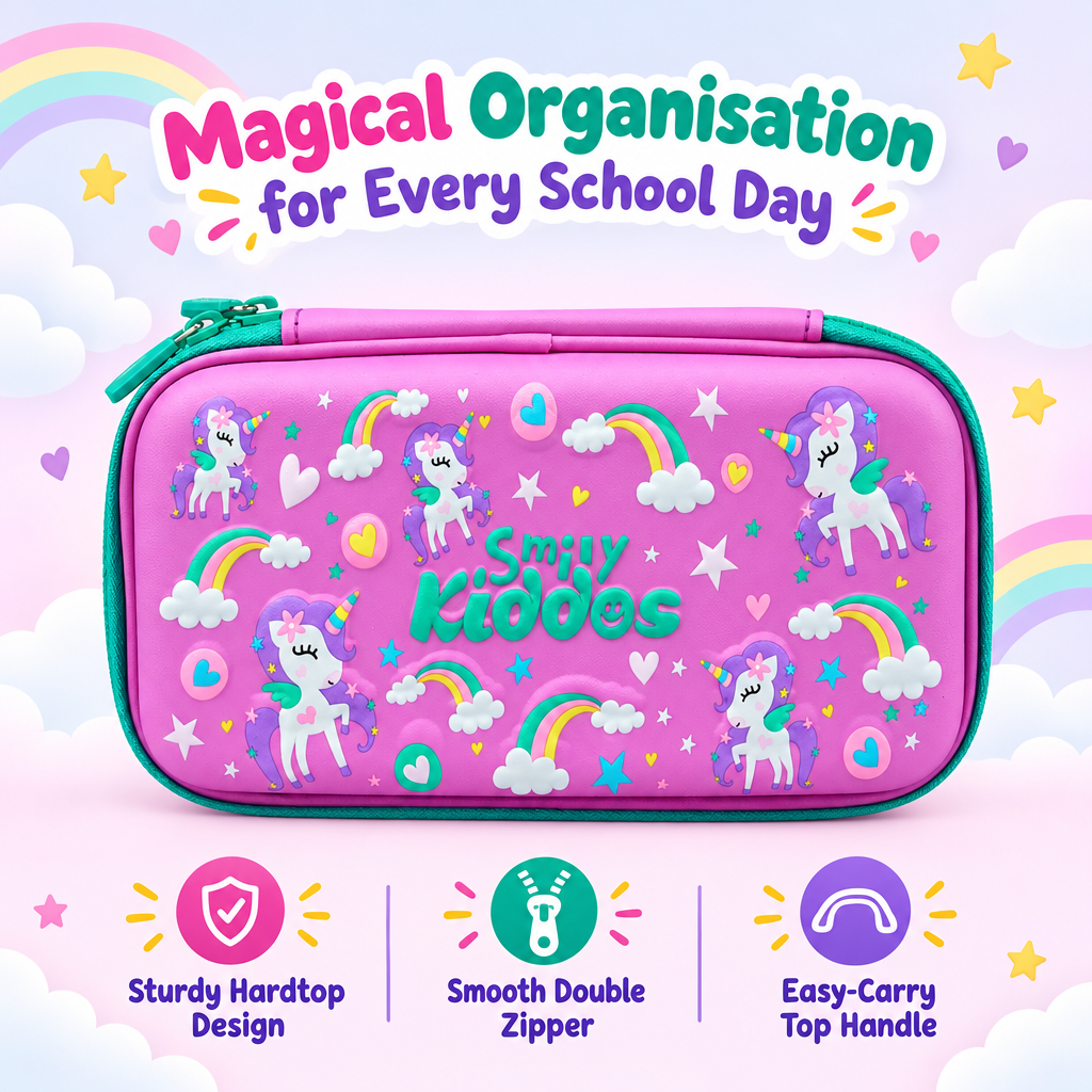 Smily Kiddos pink unicorn hardtop pencil case with sturdy design, double zipper and carry handle