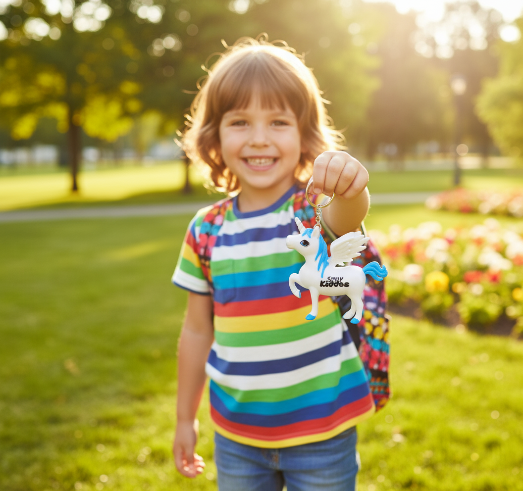 Child in a colorful striped shirt holding a keychain with a unicorn in a park setting