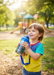 Child drinking from a blue water bottle in a park